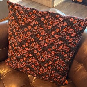 NWT Vintage One Of A Kind Sari Kantha Pillow-22in Orange/Black Floral